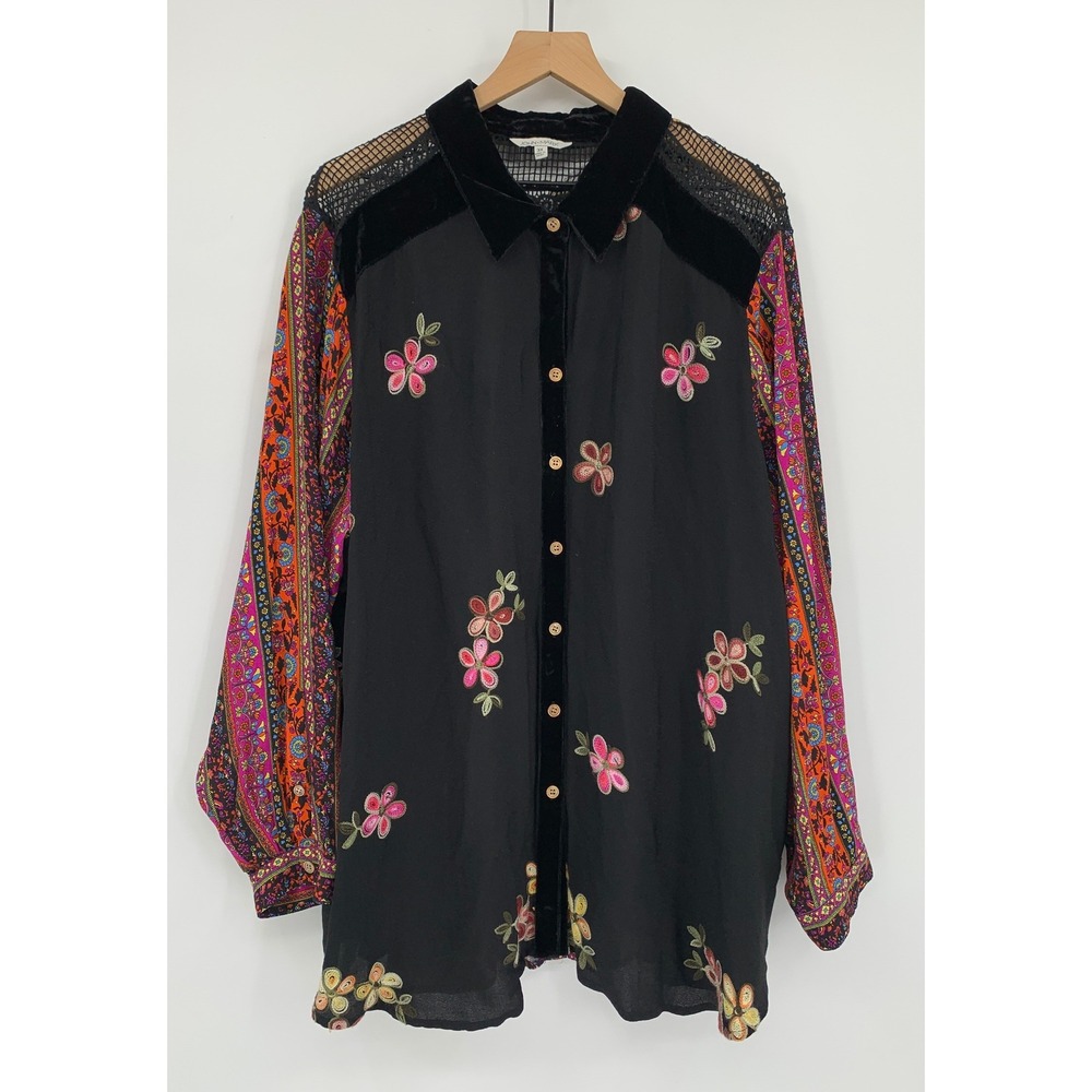 John Mark Shirt Women 3X Black Floral Embroidered Velvet Boho Sheer Long